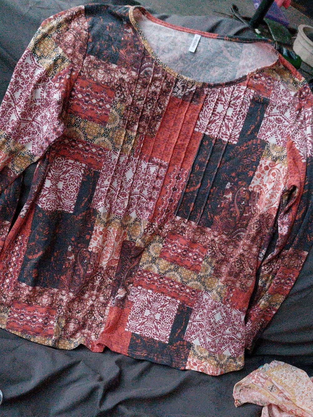 Bohemian Patchwork Pintuck Blouse - Rust Multi
